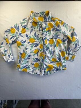 Printfresh Lemon Zest Organic Cotton Pajama Top Button Down Blue Yellow Medium